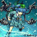  1girl backpack bag bangs blue_background blue_boots blue_eyes blue_hair blue_shirt blue_skirt boots clenched_hand collared_shirt full_body green_hat hair_bobbles hair_ornament hat kappa kawashiro_nitori key long_sleeves looking_away lowres matching_hair/eyes mechanical_arms meitei pouch rubber_boots shirt short_hair skirt solo touhou two_side_up water water_drop 