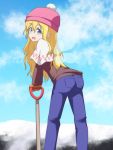  1girl :d alternate_costume arched_back blonde_hair blue_eyes capelet cato_(monocatienus) clouds contemporary denim from_behind hair_between_eyes hat jeans leaning_forward lily_white long_hair looking_at_viewer looking_back mittens open_mouth pants pocket pom_pom_(clothes) shovel sky smile snow solo touhou wings winter_clothes worktool 
