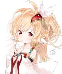  1girl animal_ears artist_name bandeau bangs bare_shoulders bead_bracelet beads blonde_hair blush bracelet dated detached_sleeves eyebrows_visible_through_hair feathers food granblue_fantasy hair_beads hair_feathers hair_ornament heart hibanar holding holding_food jewelry long_hair looking_at_viewer makira_(granblue_fantasy) parted_lips petite red_eyes signature simple_background solo white_background wide_sleeves 