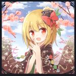  1girl :d alternate_costume black_kimono blonde_hair border bow cherry_blossoms clouds commentary eyebrows_visible_through_hair fang floral_print hair_bow hands_together japanese_clothes kimono long_sleeves looking_at_viewer open_mouth red_bow red_eyes rumia sky smile solo touhou upper_body wide_sleeves yuuhagi_(amaretto-no-natsu) 