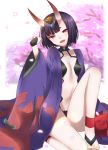  1girl :d anklet barefoot blurry blurry_background breasts cherry_blossoms fangs fate/grand_order fate_(series) fingerless gloves highres japanese_clothes jewelry kimono looking_at_viewer oni_horns open_clothes open_mouth petals purple_hair purple_kimono revealing_clothes shiime shuten_douji_(fate/grand_order) small_breasts smile solo thick_eyebrows violet_eyes wide_sleeves 