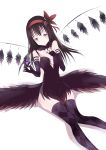  1girl :d akemi_homura akuma_homura ass_wings bare_shoulders black_hair blush breasts cleavage dutch_angle elbow_gloves gatari gloves highres mahou_shoujo_madoka_magica mahou_shoujo_madoka_magica_movie open_mouth pink_eyes small_breasts smile soul_gem thigh-highs thighs white_background wings 