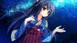  1girl amagase_natsuki black_hair blush closed_mouth hair_ornament japanese_clothes karumaruka_circle kimono long_hair looking_away milky_way moribe_(rabumanyo) night night_sky red_eyes sky smile solo star_(sky) 