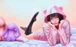  1girl akuseru_arumaa animal_ears bear_ears black_hair blurry depth_of_field fake_animal_ears head_rest higashikata_daiya hood jojo_no_kimyou_na_bouken jojolion kneehighs lying no_shoes on_stomach realistic red_eyes smile solo stuffed_animal stuffed_bunny stuffed_toy 