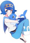  1girl blue_eyes blue_hair blue_pants enelis hairband hug looking_at_viewer pants pokemon pokemon_(creature) popplio short_hair slippers smile suiren_(pokemon) trial_captain white_background 