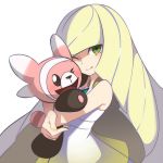  ;d animal bangs bare_shoulders blonde_hair blush dress green_eyes highres holding_animal holding_to_chest hug long_hair looking_at_viewer lusamine_(pokemon) multicolored_hair nail_polish one_eye_closed open_mouth pokemon pokemon_(creature) pokemon_(game) pokemon_sm simple_background smile streaked_hair stufful suke_(158628) upper_body very_long_hair white_background white_dress yellow_nails 