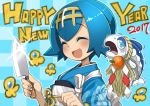  1girl 2017 blue_hair blue_kimono closed_eyes food fruit hairband happy_new_year holding holding_knife japanese_clothes kimono knife nada_haruka new_year open_mouth orange pokemon pokemon_(creature) pokemon_(game) pokemon_sm short_hair suiren_(pokemon) trial_captain wishiwashi 