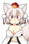  1girl animal_ears bare_shoulders blush breast_hold breasts cleavage collarbone elu_butyo food food_on_head fruit fruit_on_head hat highres inubashiri_momiji japanese_clothes kimono large_breasts looking_at_viewer object_on_head off_shoulder open_mouth orange red_eyes short_hair silver_hair simple_background sweat tail tokin_hat touhou white_background wolf_ears wolf_tail 