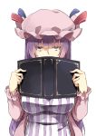  1girl bags_under_eyes belly blue_ribbon blunt_ends book breasts covering_mouth deetamu dress hat hat_ribbon highres holding holding_book jitome large_breasts long_hair looking_at_viewer mob_cap open_book pajamas patchouli_knowledge purple_hair red_ribbon ribbon solo staring striped touhou upper_body vertical-striped_dress vertical_stripes violet_eyes white_background 