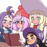  4girls acerola_(pokemon) beanie black_hair blonde_hair blush bonnet book braid elite_four female_protagonist_(pokemon_sm) glasses green_eyes haapuu_(pokemon) hair_ornament half_updo hanya_(hanya_yashiki) hat island_kahuna lillie_(pokemon) long_hair multiple_girls open_book open_mouth pink_hair pokemon pokemon_(game) pokemon_sm purple_hair red_eyes red_hat short_hair sleeveless smile sun_hat trial_captain twin_braids violet_eyes white_hat z-ring 