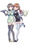  2girls alternate_costume alternate_hairstyle black_eyes black_hair brown_eyes brown_hair china_dress chinese_clothes dress elbow_gloves full_body gloves hi-ho- highres kantai_collection kitakami_(kantai_collection) looking_at_viewer multiple_girls ooi_(kantai_collection) smile standing standing_on_one_leg thighs waitress 