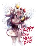  1girl 2017 ^_^ alcohol beer beer_bottle beer_mug breasts cleavage closed_eyes drunk hair_ornament happy_new_year highres japanese_clothes kimono large_breasts long_hair nakatokung new_year original silver_hair solo thigh-highs wings 