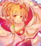  1girl :o animal_ears bangs black_legwear blonde_hair blurry breasts collarbone depth_of_field detached_sleeves enj! eyebrows_visible_through_hair granblue_fantasy hair_ornament looking_at_viewer makira_(granblue_fantasy) open_mouth petite red_eyes small_breasts solo teeth thigh-highs wide_sleeves 