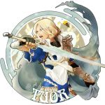  1boy armor beard bird blonde_hair blue_eyes cape character_name facial_hair fingerless_gloves gloves lord_of_the_rings mustache open_mouth shouda_masumi silmarillion simple_background solo swan sword teeth tuor upper_body weapon white_background 
