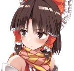  1girl bangs benikurage benjamin_button_suukina_jinsei blush bow brown_eyes brown_hair closed_mouth cookie_(touhou) detached_sleeves eyebrows_visible_through_hair face frilled_bow frills hair_bow hair_tubes hakurei_reimu looking_to_the_side portrait red_bow scarf sidelocks simple_background solo touhou white_background 