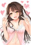  1girl :d babydoll blush breasts brown_eyes brown_hair double_v half_updo harino646 heart idolmaster idolmaster_cinderella_girls lingerie long_hair looking_at_viewer navel open_mouth shimamura_uzuki side_ponytail simple_background smile solo underwear underwear_only v 
