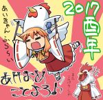  2017 2girls =_= anger_vein ascot bird chicken chicken_costume comic commentary_request detached_sleeves fang flying haniwa_(leaf_garden) hat horn_ribbon horns ibuki_suika japanese_clothes multiple_girls new_year nontraditional_miko oni_horns open_mouth orange_hair ribbon skirt smile standing sunburst touhou translation_request wide_sleeves 