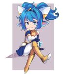  1girl animal_ears arm_support armor blue_eyes blue_hair boots fang gloves grey_background hair_ornament ilris league_of_legends legs_crossed looking_at_viewer matching_hair/eyes pleated_skirt poppy signature simple_background sitting skirt smile solo star star_guardian_poppy twintails 