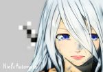  1girl blue_eyes closed_mouth copyright_name crying crying_with_eyes_open dirty_face eyebrows_visible_through_hair eyelashes eyes_visible_through_hair face grey_background hair_between_eyes lips long_hair looking_to_the_side mole mole_under_mouth nier_(series) nier_automata nose pink_lips silver_hair simple_background solo streaming_tears takuroo tears yorha_type_a_no.2 