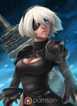  1girl black_dress blue_eyes breasts cleavage cleavage_cutout dress eyepatch hairband lips medium_breasts mole mole_under_mouth nier_(series) nier_automata night night_sky nose over_shoulder patreon short_hair silver_hair sky solo upper_body weapon weapon_over_shoulder whistle_frog yorha_unit_no._2_type_b 