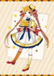  1girl :d apron blue_bow bow braid brown_eyes brown_hair butter dress food food_themed_hair_ornament full_body gradient_hair hair_ornament kneehighs kotokoto_(vibgyor) long_hair looking_at_viewer morinaga_(brand) multicolored_hair open_mouth original pancake personification plate red_shoes shoes smile solo stack_of_pancakes standing striped striped_bow twin_braids twintails yellow_dress yellow_legwear 