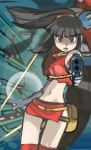  1girl :o aiming_at_viewer bangs bare_shoulders black_hair blunt_bangs breasts character_request copyright_request crop_top elbow_gloves floating_hair gloves gun handgun high_ponytail holding holding_gun holding_weapon kneehighs long_hair medium_breasts microskirt navel open_mouth pouch red_eyes red_legwear red_skirt side_slit skirt solo standing sugimori_ken teeth thigh_gap thigh_strap weapon white_gloves 