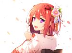  1girl :d fang floral_print flower furisode hair_flower hair_ornament half_updo healther index_finger_raised japanese_clothes kimono looking_at_viewer looking_back new_year open_mouth original petals redhead short_hair smile solo violet_eyes white_background 