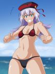  1girl aqua_eyes beret bikini breasts embarrassed gluteal_fold gundam gundam_exa hair_ornament hairclip hat highres sthesia_awar_acht swimsuit tetsu white_hair 