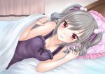  1girl blanket breasts cleavage drill_hair idolmaster idolmaster_cinderella_girls kanzaki_ranko long_hair lying on_bed on_side ozaki_mirai red_eyes silver_hair smile solo twin_drills twintails 