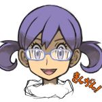  1girl :d bangs commentary_request eyelashes face glasses hair_between_eyes looking_at_viewer lowres open_mouth original purple-framed_eyewear purple_hair short_hair short_twintails simple_background sketch smile solo sugimori_ken text tongue translation_request twintails upper_body violet_eyes white_background 