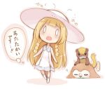  ... 1girl blonde_hair braid chibi dress hat lillie_(pokemon) long_hair open_mouth pokemon pokemon_(creature) pokemon_(game) pokemon_sm rowlet simple_background sleeveless sleeveless_dress spoken_ellipsis sukemyon sun_hat twin_braids white_background white_dress white_hat yungoos 