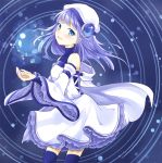  1girl bare_shoulders blue_background blue_eyes blue_hair blue_legwear blush commentary_request detached_sleeves dress frilled_sleeves frills from_side hat looking_at_viewer matching_hair/eyes mito_tsubaki original solo thigh-highs white_dress wide_sleeves 