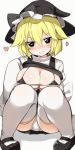  1girl bangs benjamin_button_suukina_jinsei black_bikini_top black_eyes black_hat black_shoes black_skirt blonde_hair blush breasts clothes_lift commentary_request cookie_(touhou) eyebrows_visible_through_hair full_body grey_background hair_between_eyes hat heart heart-shaped_pupils kirisame_marisa large_breasts looking_at_viewer mary_janes micro_bikini_top panties pleated_skirt shadow shoes simple_background sitting skirt smile solo symbol-shaped_pupils thigh-highs underwear white_legwear white_panties witch_hat 