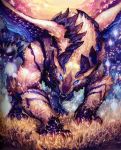  absurdres animal blue_eyes clouds fangs feathered_wings grass highres horns huge_filesize looking_at_viewer lord_of_vermilion multicolored_wings murayama_ryouta no_humans official_art open_mouth scan serious sharp_teeth sky solo sparkle square_enix sunset teeth wings 