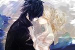  1boy 1girl absurdres anulioa black_hair black_jacket blonde_hair braid couple dress final_fantasy final_fantasy_xv hair_over_face highres jacket lunafreya_nox_fleuret noctis_lucis_caelum short_hair tears upper_body white_dress 