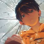  1boy bangs black_hair blue_eyes blurry buttons closed_mouth depth_of_field fingernails free! from_below frown hair_between_eyes hana_bell_forest holding holding_umbrella looking_at_viewer looking_down male_focus nanase_haruka_(free!) raincoat solo transparent_umbrella umbrella upper_body water 