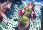  1girl bird blue_eyes braid breasts chinese_clothes commentary_request cowboy_shot day dutch_angle feathers gate green_hat green_shirt green_skirt grey_legwear hat holding hong_meiling large_breasts navel open_mouth penny_(douding) puffy_short_sleeves puffy_sleeves redhead shirt short_sleeves skirt sky solo thigh-highs touhou tree twin_braids wristband 