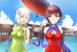  2girls ^_^ absurdres bare_shoulders blue_sky breasts brown_hair china_dress chinese_clothes chongqing_(zhan_jian_shao_nyu) cleavage_cutout closed_eyes clouds dress flower highres medium_breasts mole mole_under_eye multiple_girls oriental_umbrella qiancong red_eyes reflection rose sarashi short_hair side_slit silver_hair sky umbrella water white_rose yat_sen_(zhan_jian_shao_nyu) zhan_jian_shao_nyu 