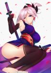  1girl armpits ass bare_shoulders black_legwear blue_eyes breasts commentary_request dual_wielding elbow_gloves fate/grand_order fate_(series) fingerless_gloves folded_ponytail gloves japanese_clothes katana kimono large_breasts looking_at_viewer miyamoto_musashi_(fate/grand_order) no_panties obi one_eye_closed ponytail saisarisu sash smile solo sword thigh-highs weapon 