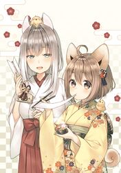  2girls :d :t ahoge animal animal_ears animal_on_head animal_on_shoulder arrow bangs bell bird blue_eyes breasts brown_eyes brown_hair checkered checkered_background chick chopsticks closed_mouth eating ema eyebrows_visible_through_hair floral_background floral_print food gradient gradient_background hair_between_eyes hakama half-closed_eyes hamaya holding_arrow holding_bowl holding_chopsticks japanese_clothes jingle_bell kimono large_breasts long_hair looking_at_viewer midorikawa_you miko mochi multiple_girls new_year obi on_shoulder open_mouth original sash short_hair silver_hair small_breasts smile tail wagashi wide_sleeves year_of_the_rooster yellow_kimono zouni_soup 