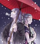  1boy 1girl breath character_request commentary_request copyright_request holding holding_umbrella japanese_clothes long_hair looking_up namuko oriental_umbrella purple_hair short_sleeves snow snowing umbrella upper_body violet_eyes wide_sleeves winter yellow_eyes 