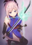  1girl :&gt; bare_shoulders belt black_legwear detached_sleeves dual_wielding eyebrows_visible_through_hair fate/grand_order fate_(series) floral_print hair_ornament high_heels holding holding_sword holding_weapon japanese_clothes katana kimono light_rays long_hair looking_at_viewer magic miyamoto_musashi_(fate/grand_order) pink_hair razaria simple_background solo sword thigh-highs thighs unsheathed violet_eyes weapon 