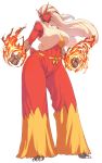  1girl blaziken blonde_hair blue_eyes breasts claws clenched_hands fire furry highres large_breasts long_hair muscle muscular_female pants platinum_blonde pokemon pokemon_(creature) smile solo space_jin tail yellow_sclera 