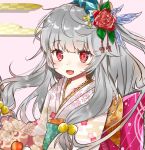  1girl :d bangs beads blush bow breasts close-up eyebrows_visible_through_hair floral_print flower grey_hair hair_beads hair_flower hair_ornament highres hoshimiya_nazuna japanese_clothes kimono large_bow long_hair looking_at_viewer obi one_side_up open_mouth original pink_background pink_bow red_eyes red_flower sash silver_hair simple_background small_breasts smile solo upper_body white_kimono 