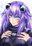  1girl blue_eyes blush braid breasts choujigen_game_neptune close-up commentary commentary_request hair_ornament large_breasts lips long_hair looking_at_viewer neptune_(choujigen_game_neptune) neptune_(series) nyamota_(noraneko_koubou) parted_lips purple_hair purple_heart shiny shiny_hair smile solo sweater symbol-shaped_pupils turtleneck turtleneck_sweater twin_braids upper_body 