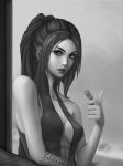  1girl adapted_costume artist_name breasts dress earrings eyebrows eyeliner high_collar holding jewelry lips lipstick long_hair looking_at_viewer makeup medium_breasts monochrome no_headwear nose overwatch ponytail signature sleeveless sleeveless_dress solo stud_earrings tattoo upper_body widowmaker_(overwatch) zakuga 
