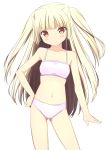  &gt;:) 1girl bangs bikini blonde_hair blush breasts closed_mouth collarbone cowboy_shot eyebrows_visible_through_hair gluteal_fold hand_on_hip highres long_hair looking_at_viewer navel original pink_bikini red_eyes simple_background small_breasts smile solo sora46 spaghetti_strap standing swimsuit thighs two_side_up white_background 