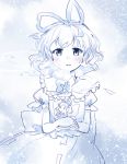  1girl blue_eyes blush breath commentary_request crossed_arms doll fairy_wings hair_ribbon holding looking_at_viewer medicine_melancholy mito_tsubaki monochrome muted_color open_mouth puffy_short_sleeves puffy_sleeves ribbon short_hair short_sleeves sketch spot_color su-san touhou wavy_hair wings 