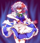  &gt;:) 1girl anger_vein angry apron aura bangs blue_dress bow bowtie braid breasts cowboy_shot dezuko_(dezuko_no_heya) dress frilled_dress frills glowing glowing_eyes green_bow green_bowtie hair_between_eyes hair_bow holding holding_knife izayoi_sakuya knife knives_between_fingers looking_at_viewer maid maid_headdress medium_breasts parted_lips puffy_short_sleeves puffy_sleeves short_sleeves silver_hair solo touhou twin_braids waist_apron 