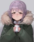  1girl :3 blush brown_eyes coat collared_shirt commentary_request condensation_trail cup eyebrows_visible_through_hair fur_trim green_coat grey_background hair_flaps idolmaster idolmaster_cinderella_girls koshimizu_sachiko mossi purple_hair shirt short_hair sleeves_past_wrists smile solo winter_clothes winter_coat 